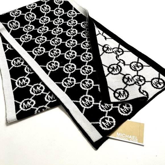 NWT Bundle 2PC MICHAEL KORS Scarf + Gloves Black White Signature Logo Acrylic - Picture 7 of 8